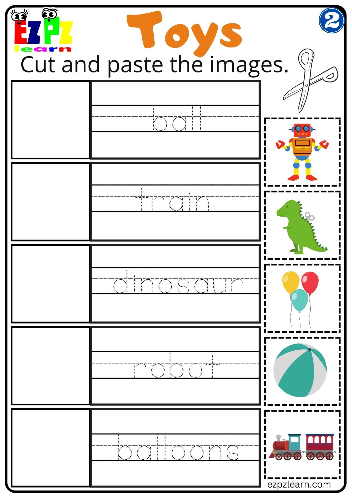 Group 2 Toys Vocabulary Cut and Paste Worksheet for K5 and ESL PDF Download